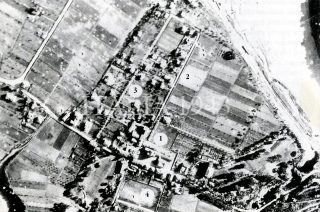 Foto aerea di Sasso Marconi 1944-1945 - 1 Centro - 2 Stazione - 3 Viale Nuovo - 4 Campo Sportivo oggi non esiste più